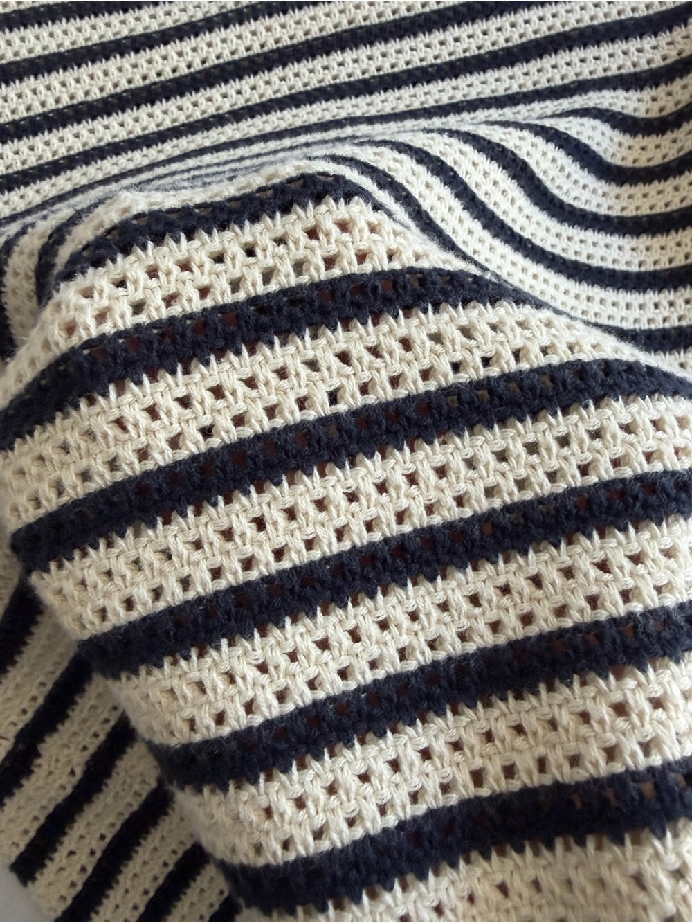 Boden 100% Cotton Scallop Neck Crochet Navy Cream Long Sleeve Knit Sweater - Picture 12 of 17